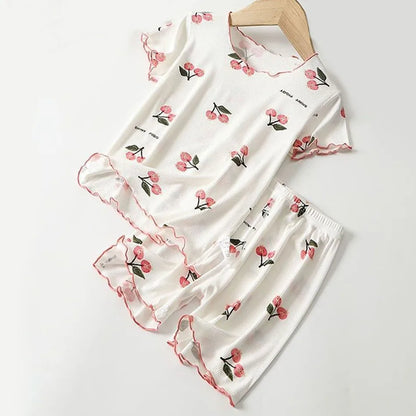 Girls Summer Pajama Set Cherry Blossom Print 4-Way Stretch Shorts & Tee Breathable