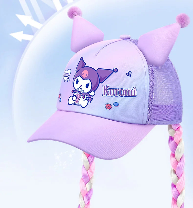 Kuromi Cute Kawaii Wig Braid  Summer Hat Kids Children Aged 5-10