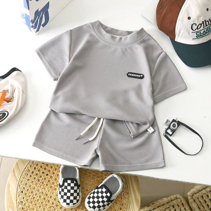 New Summer Children's Casual Set for Boys Girls Loose Short Sleeved Waffle Breathable