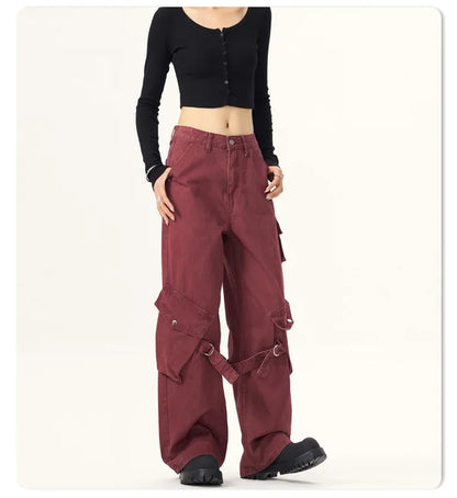 Red Vintage American Style Casual  Pants