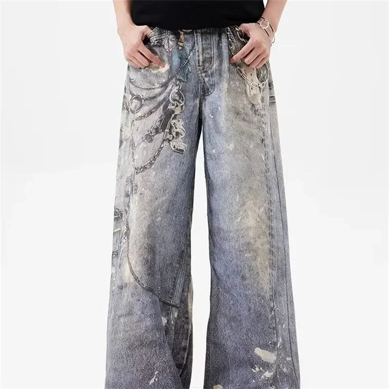 3D Chain Printed Baggy Jeans For Men
