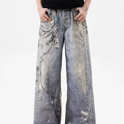 3D Chain Printed Baggy Jeans For Men