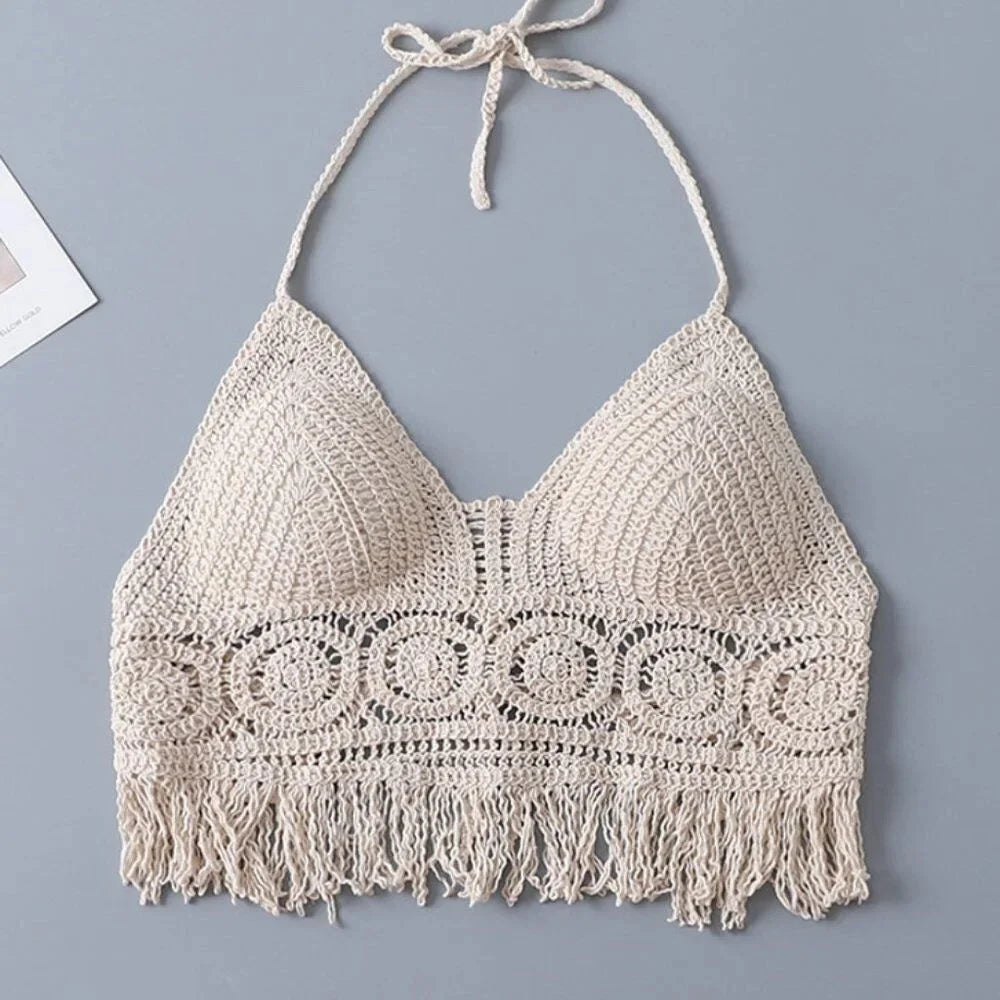 Boho Fringe Backless Halter Tie Neck