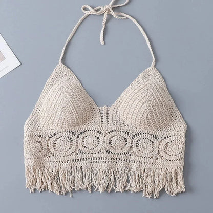Boho Fringe Backless Halter Tie Neck