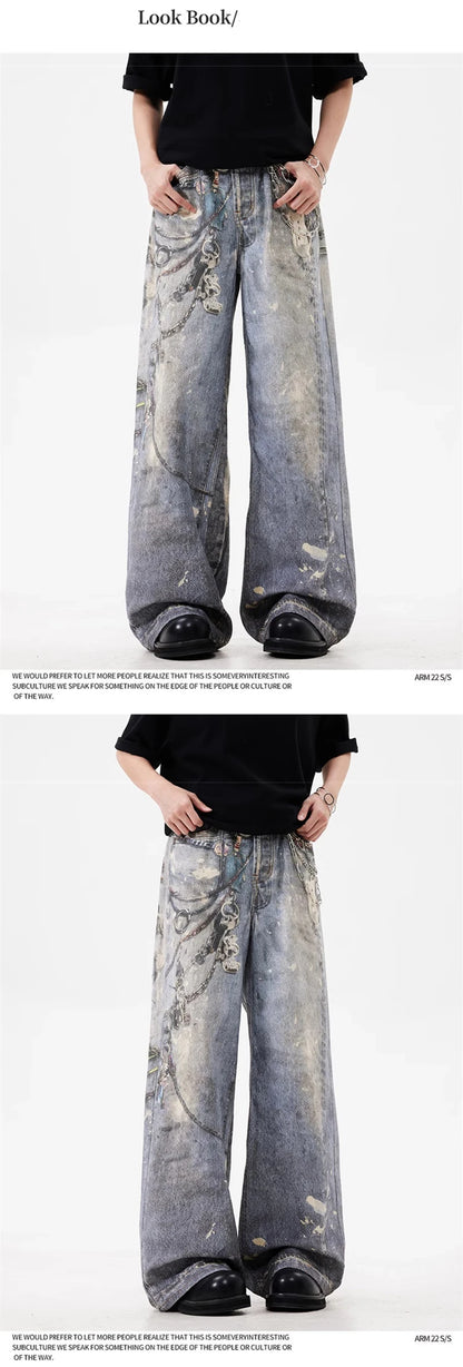 3D Chain Printed Baggy Jeans For Men