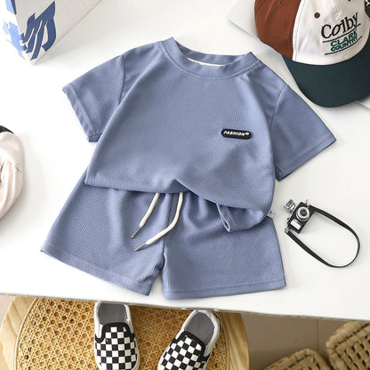 New Summer Children's Casual Set for Boys Girls Loose Short Sleeved Waffle Breathable