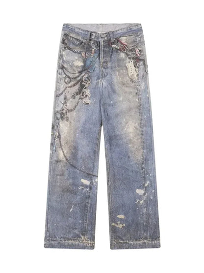 3D Chain Printed Baggy Jeans For Men