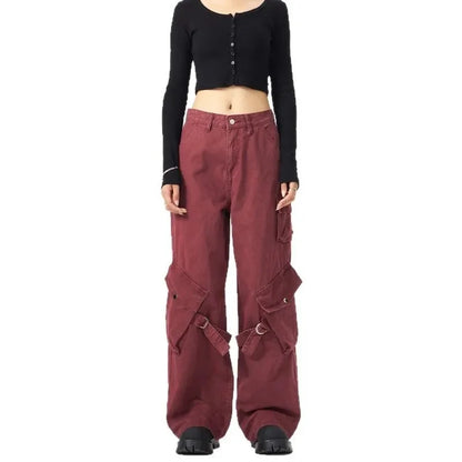 Red Vintage American Style Casual  Pants