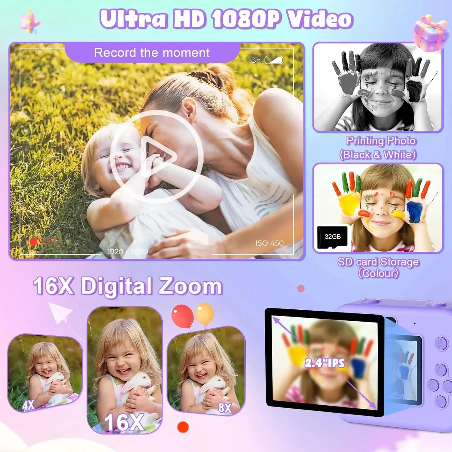 Instant Print Camera With 32G Card, 1080P Children  KidsMini Digital  Video Camera