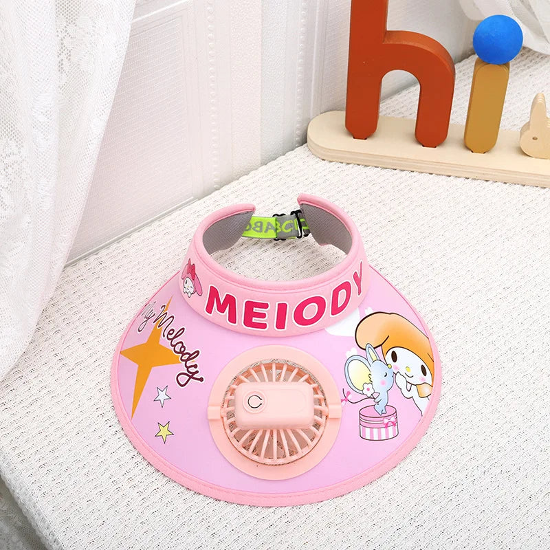 Cute Cartoon Wide Brim Kids  Sun protection Fan Hat Charging USB