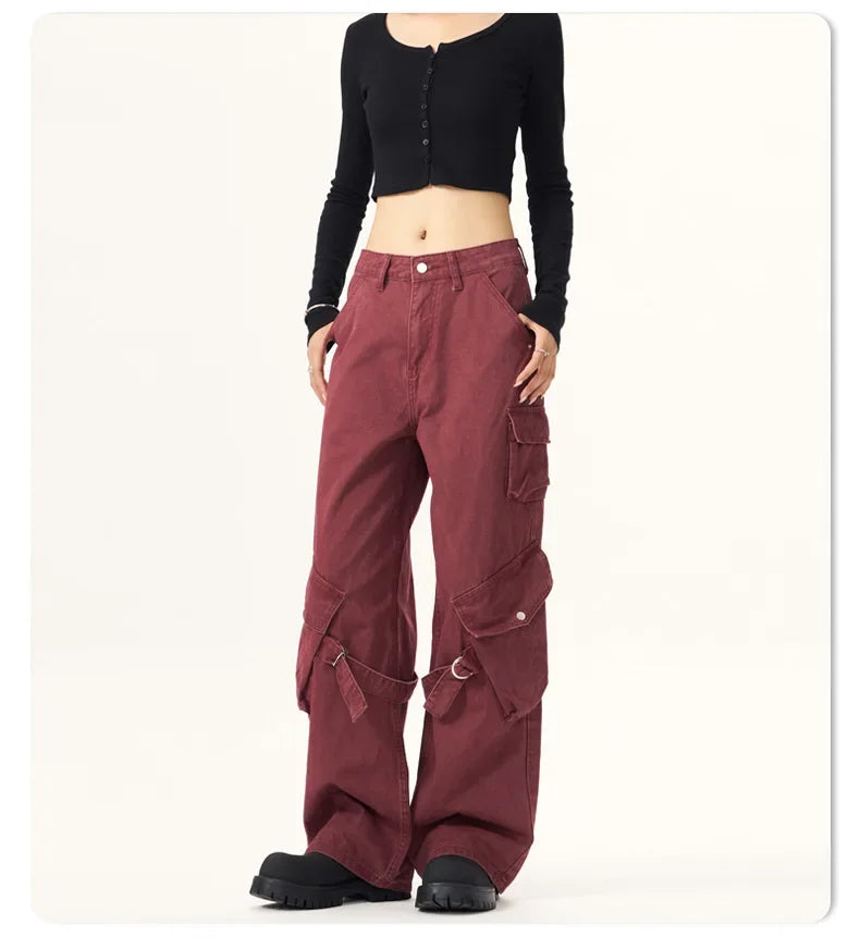 Red Vintage American Style Casual  Pants