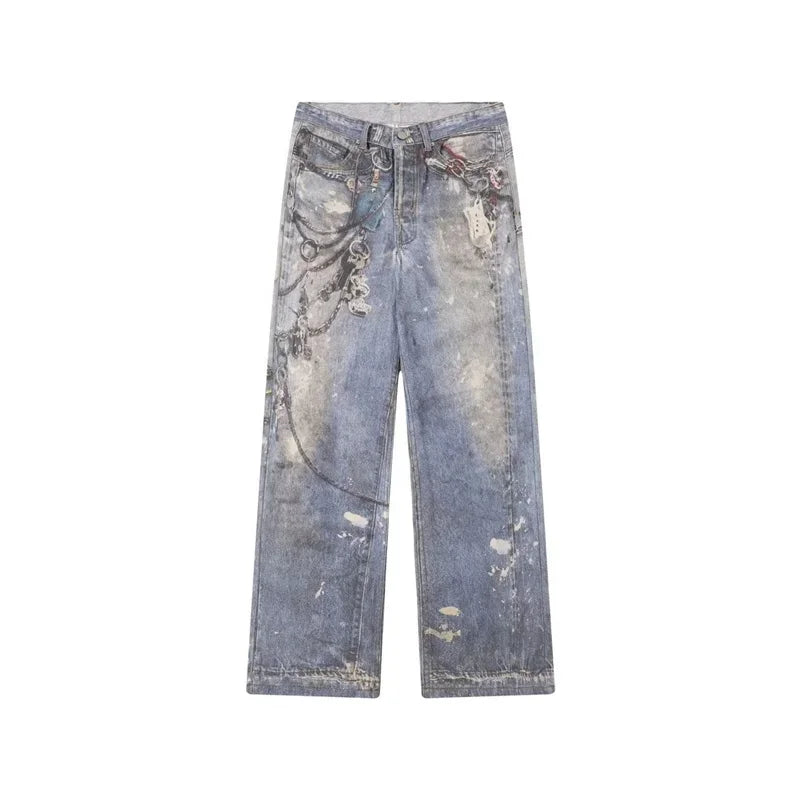 3D Chain Printed Baggy Jeans For Men